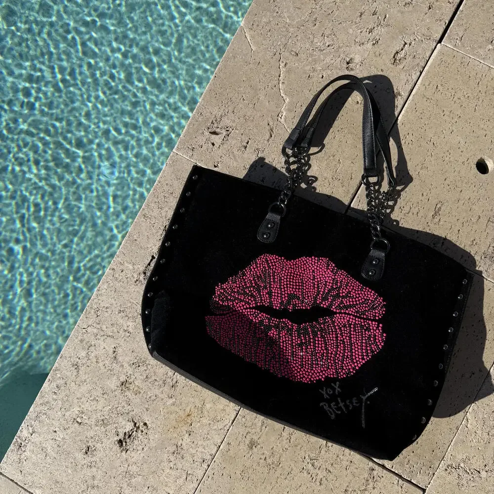 Vintage Betsey Johnson Black Tote Bag with Pink Rhinestone Lips Design RARE